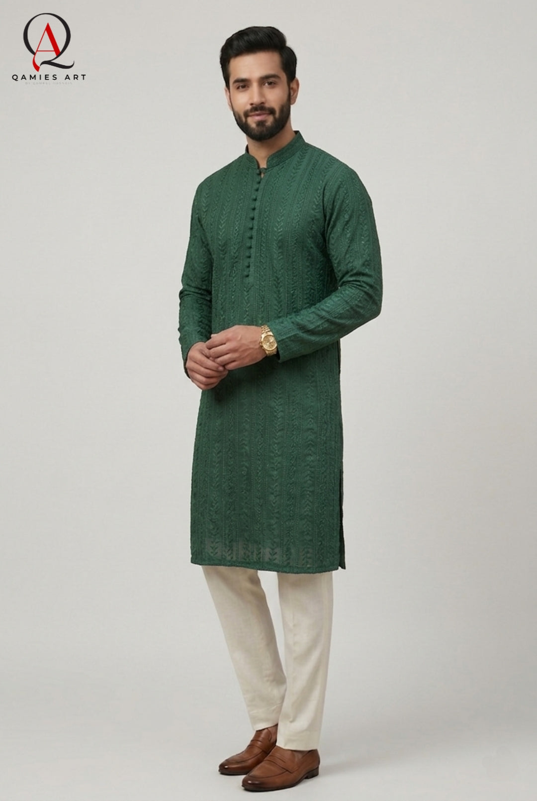 Green Fancy Embroidery Kurta Set with Off White Trouser & Handmade Ball Buttons