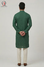 Green Fancy Embroidery Kurta Set with Off White Trouser & Handmade Ball Buttons
