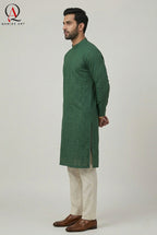 Green Fancy Embroidery Kurta Set with Off White Trouser & Handmade Ball Buttons