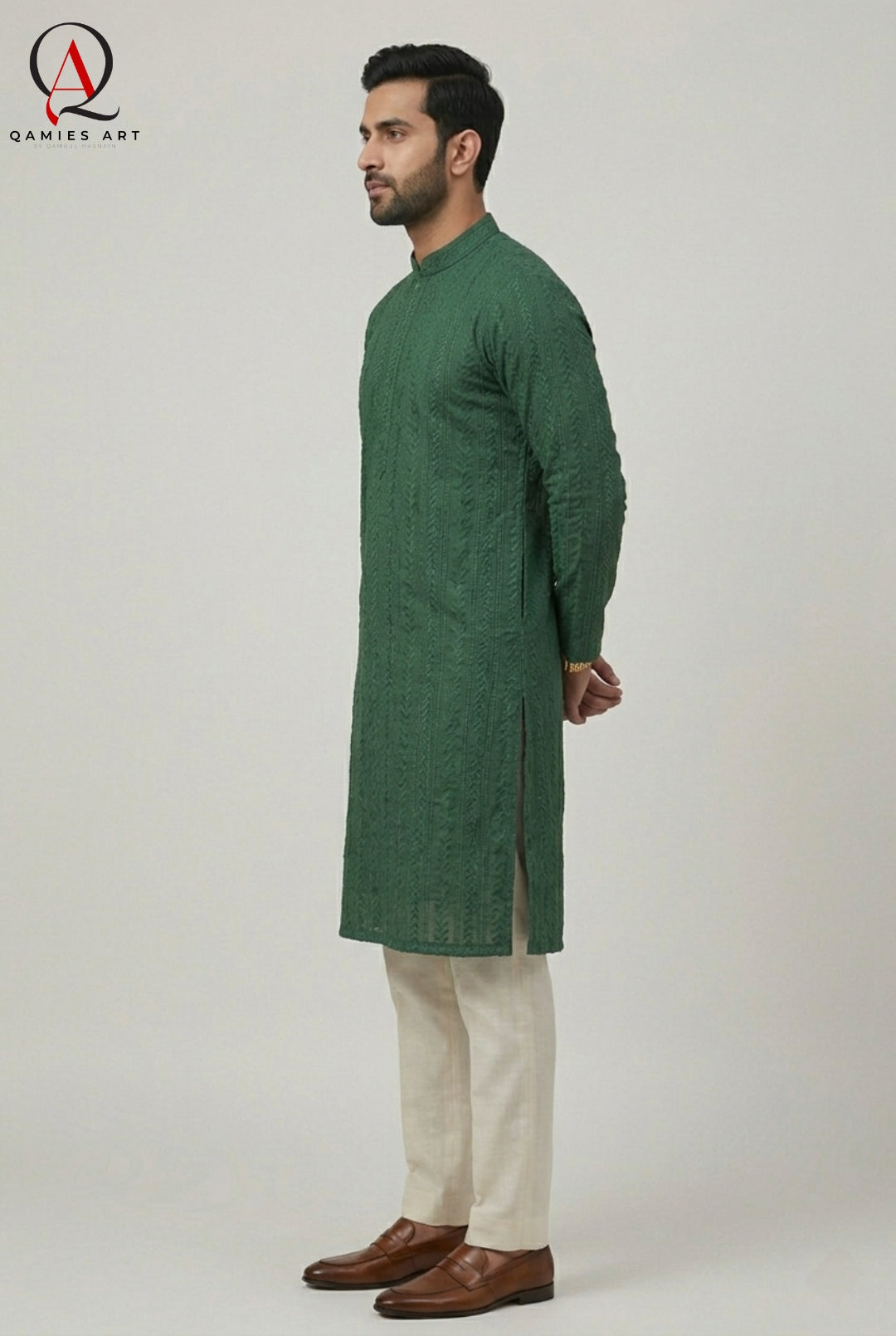 Green Fancy Embroidery Kurta Set with Off White Trouser & Handmade Ball Buttons