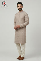 Mushroom Pink Fancy Embroidery Kurta Set with Off White Trouser & Handmade Ball Buttons