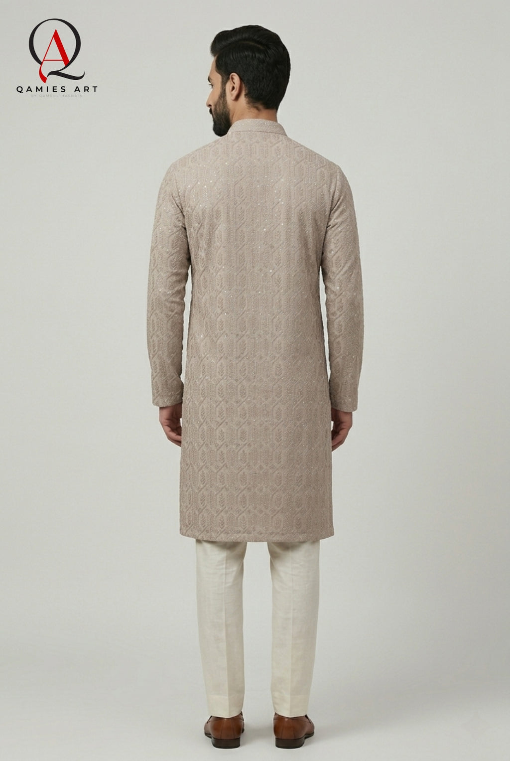 Mushroom Pink Fancy Embroidery Kurta Set with Off White Trouser & Handmade Ball Buttons