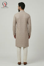 Mushroom Pink Fancy Embroidery Kurta Set with Off White Trouser & Handmade Ball Buttons