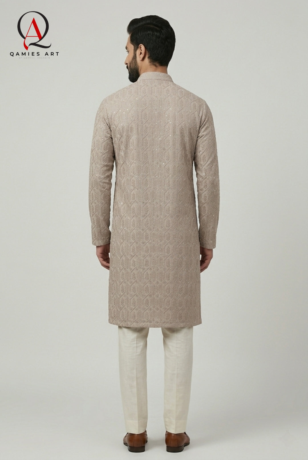 Mushroom Pink Fancy Embroidery Kurta Set with Off White Trouser & Handmade Ball Buttons