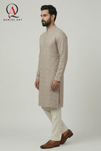 Mushroom Pink Fancy Embroidery Kurta Set with Off White Trouser & Handmade Ball Buttons