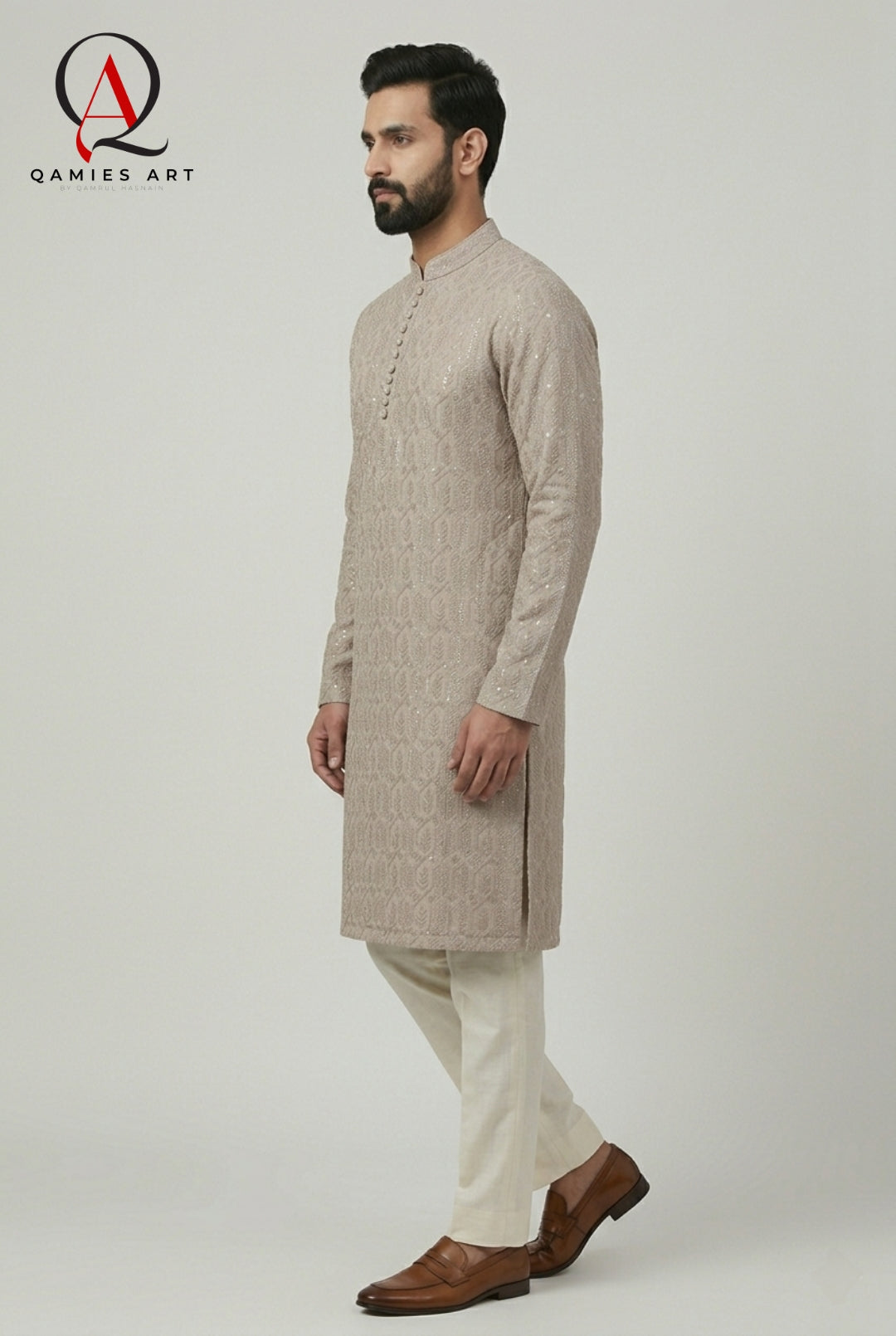 Mushroom Pink Fancy Embroidery Kurta Set with Off White Trouser & Handmade Ball Buttons