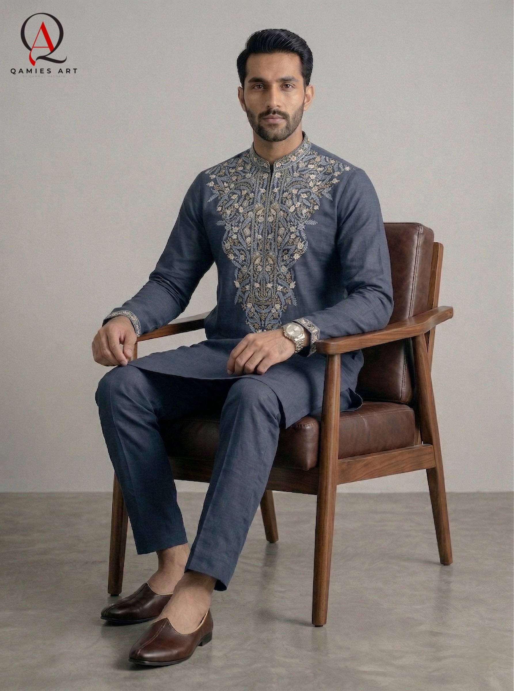 Navy Blue Wash & Wear Fabric Kurta Pajama with Exquisite Hand Embroidery