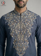 Navy Blue Wash & Wear Fabric Kurta Pajama with Exquisite Hand Embroidery
