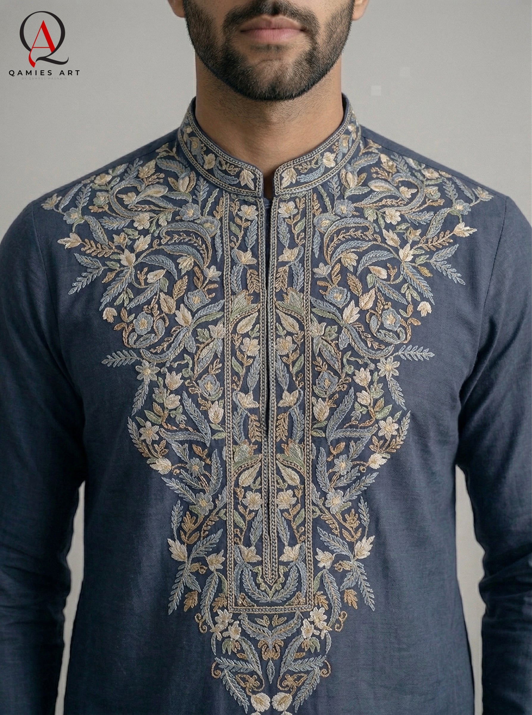 Navy Blue Wash & Wear Fabric Kurta Pajama with Exquisite Hand Embroidery