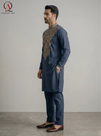 Navy Blue Wash & Wear Fabric Kurta Pajama with Exquisite Hand Embroidery