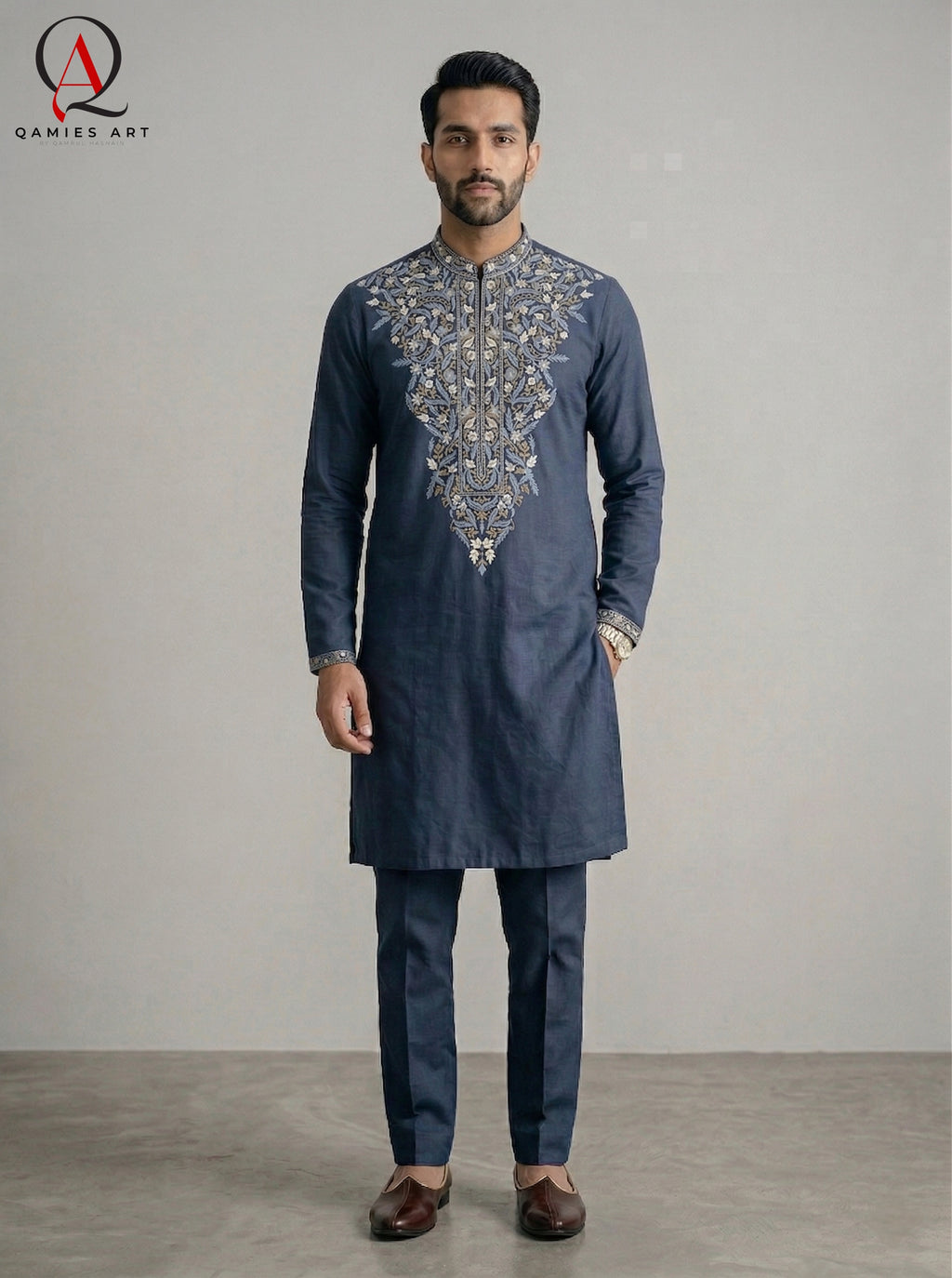 Navy Blue Wash & Wear Fabric Kurta Pajama with Exquisite Hand Embroidery
