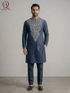 Navy Blue Wash & Wear Fabric Kurta Pajama with Exquisite Hand Embroidery