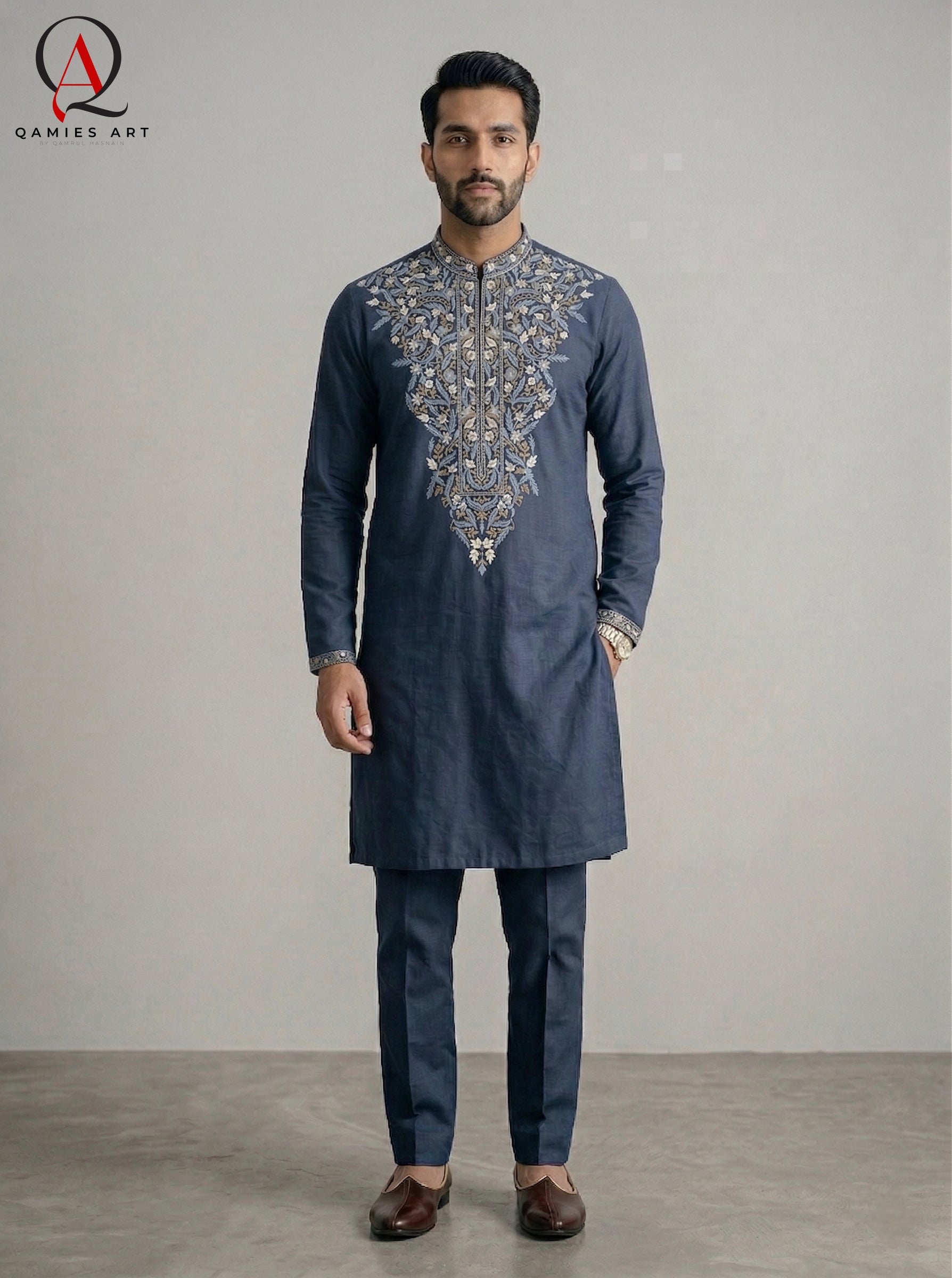 Navy Blue Wash & Wear Fabric Kurta Pajama with Exquisite Hand Embroidery