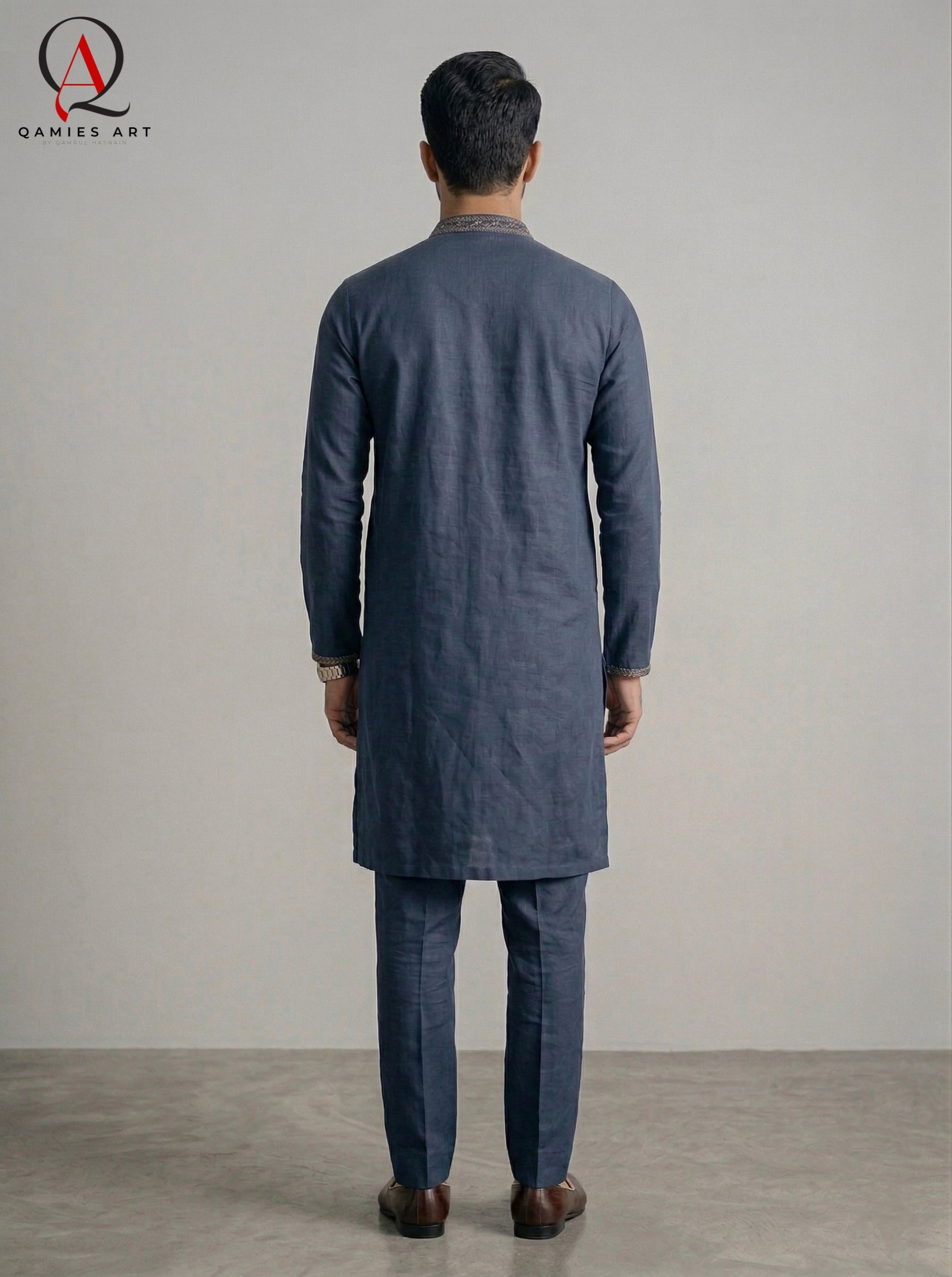 Navy Blue Wash & Wear Fabric Kurta Pajama with Exquisite Hand Embroidery