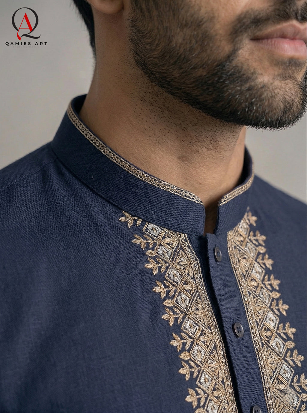 Navy Blue Men’s Hand Embroidered Kurta with Off White Trouser