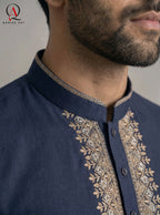Navy Blue Men’s Hand Embroidered Kurta with Off White Trouser