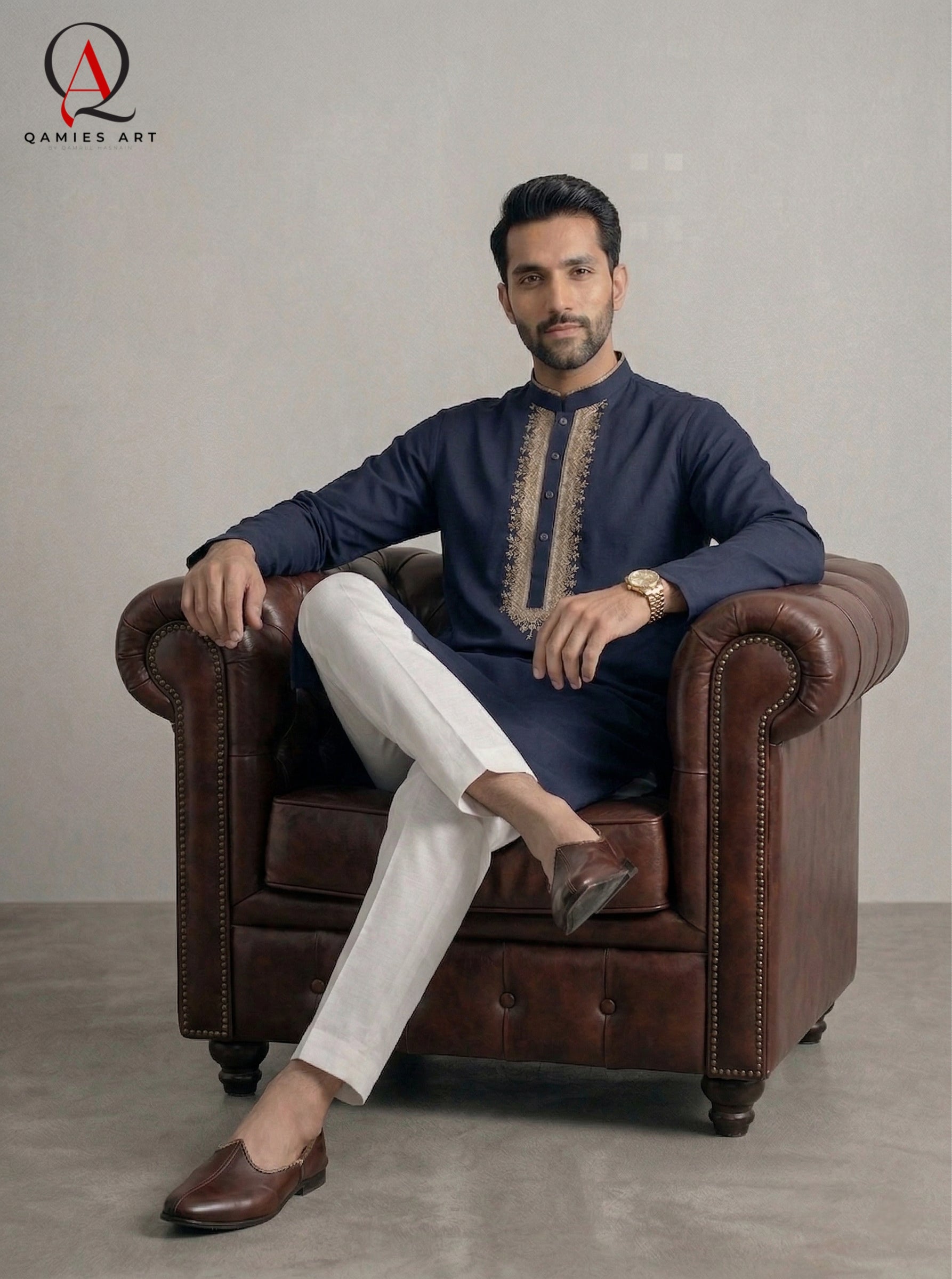 Navy Blue Men’s Hand Embroidered Kurta with Off White Trouser