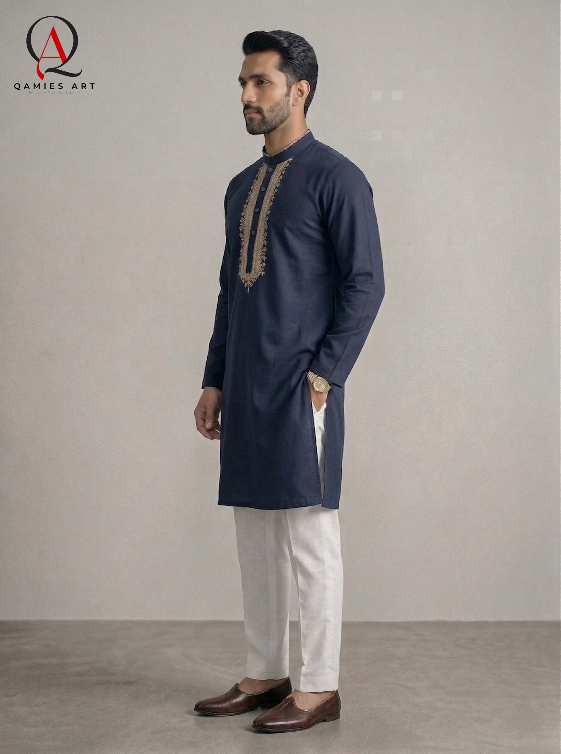 Navy Blue Men’s Hand Embroidered Kurta with Off White Trouser