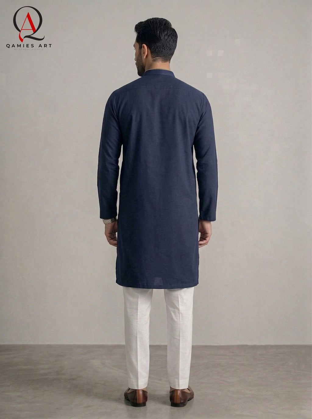 Navy Blue Men’s Hand Embroidered Kurta with Off White Trouser