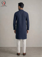 Navy Blue Men’s Hand Embroidered Kurta with Off White Trouser