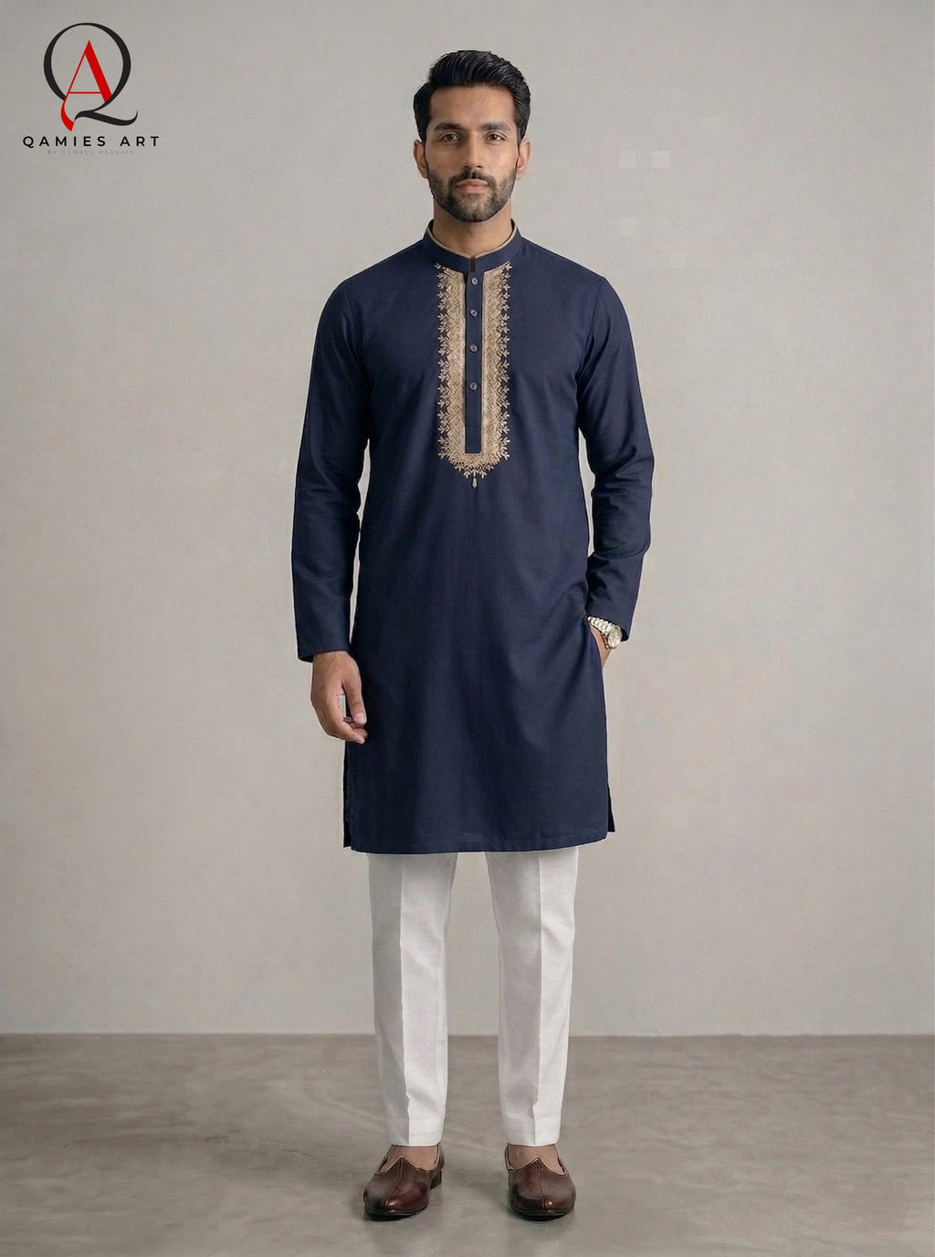 Navy Blue Men’s Hand Embroidered Kurta with Off White Trouser