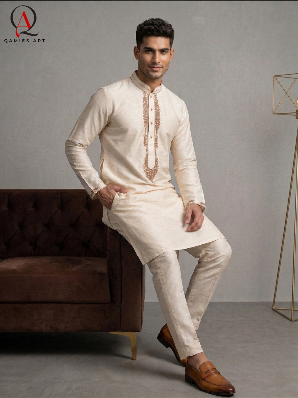 Men’s Staple Cotton Banarsi Kurta Pajama with Handmade Embroidery