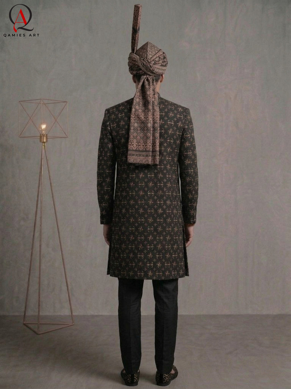 Black Thread & Sequins Pattern Sherwani with Golden & Black Hand Embroidery with Banarsi Turban | Kora Dabka & Beads Work