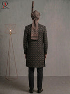 Black Thread & Sequins Pattern Sherwani with Golden & Black Hand Embroidery with Banarsi Turban | Kora Dabka & Beads Work
