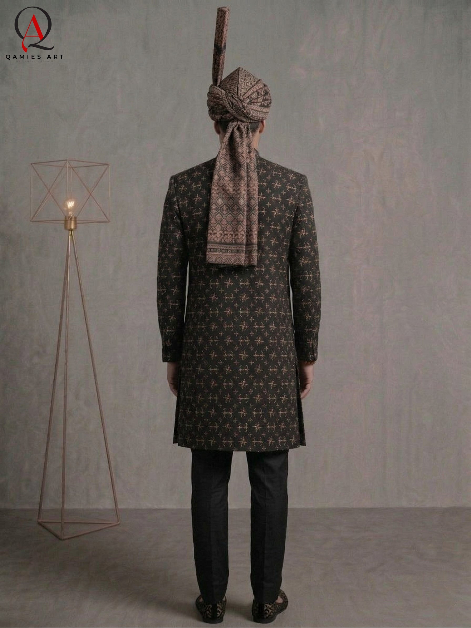 Black Thread & Sequins Pattern Sherwani with Golden & Black Hand Embroidery with Banarsi Turban | Kora Dabka & Beads Work