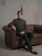 Black Thread & Sequins Pattern Sherwani with Golden & Black Hand Embroidery with Banarsi Turban | Kora Dabka & Beads Work