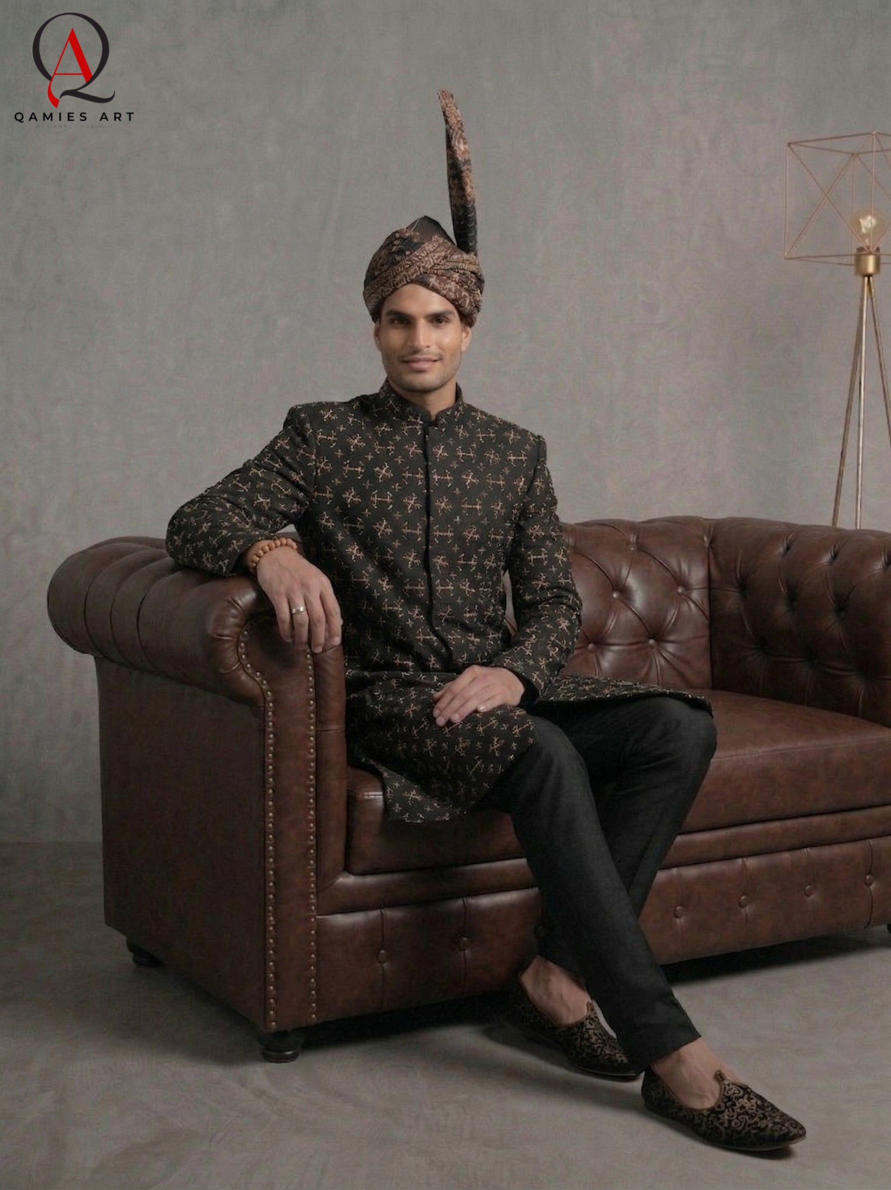 Black Thread & Sequins Pattern Sherwani with Golden & Black Hand Embroidery with Banarsi Turban | Kora Dabka & Beads Work