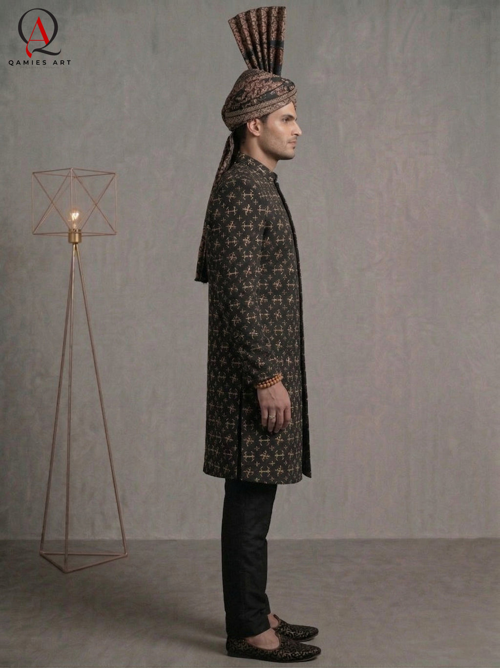 Black Thread & Sequins Pattern Sherwani with Golden & Black Hand Embroidery with Banarsi Turban | Kora Dabka & Beads Work