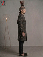 Black Thread & Sequins Pattern Sherwani with Golden & Black Hand Embroidery with Banarsi Turban | Kora Dabka & Beads Work