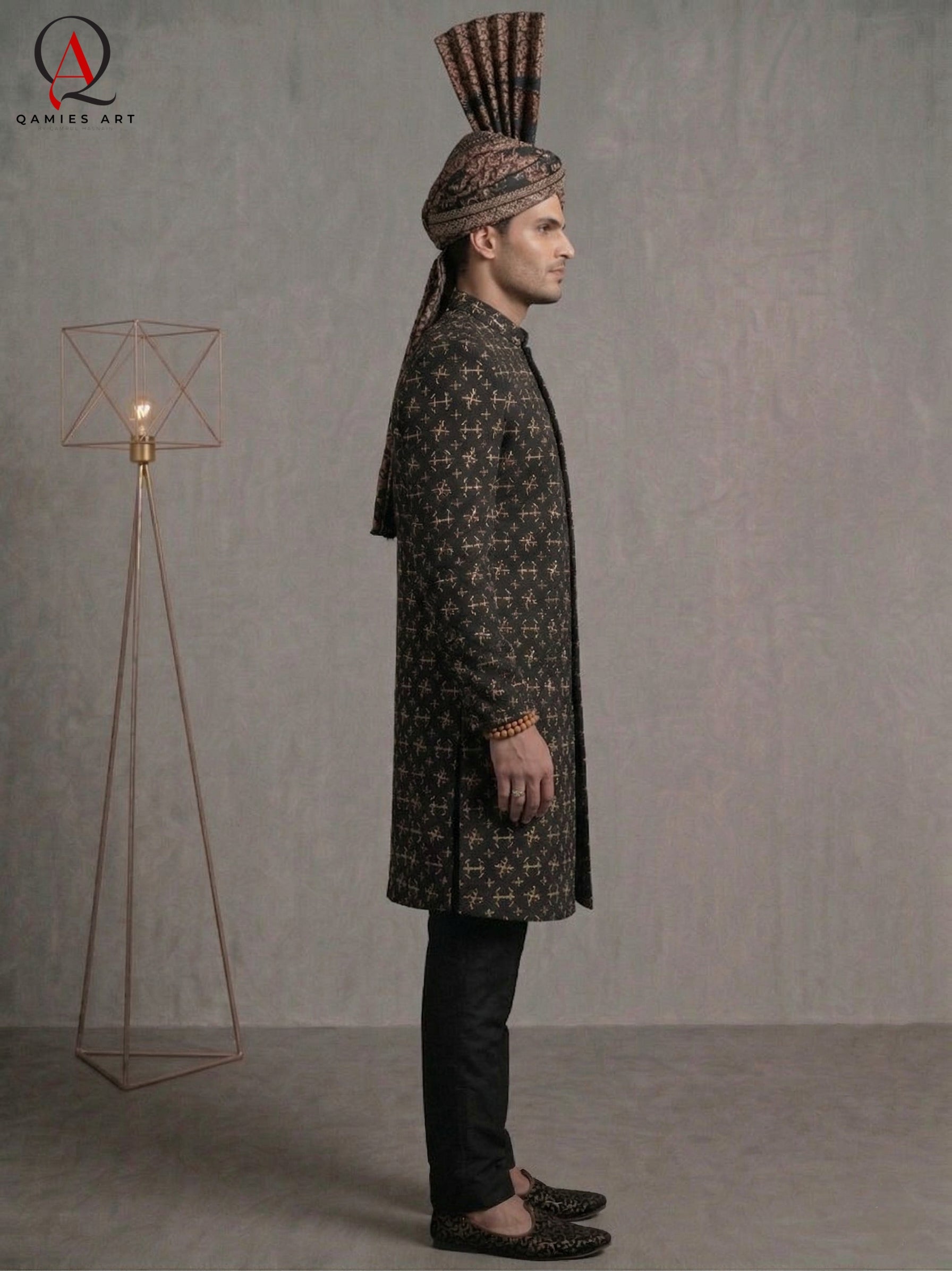 Black Thread & Sequins Pattern Sherwani with Golden & Black Hand Embroidery with Banarsi Turban | Kora Dabka & Beads Work