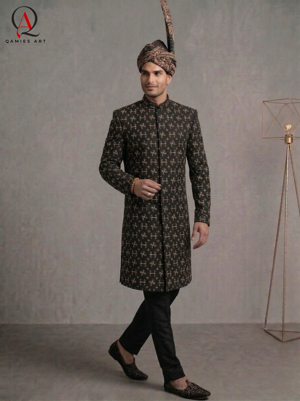 Black Thread & Sequins Pattern Sherwani with Golden & Black Hand Embroidery with Banarsi Turban | Kora Dabka & Beads Work