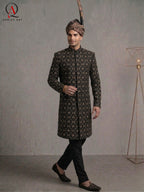 Black Thread & Sequins Pattern Sherwani with Golden & Black Hand Embroidery with Banarsi Turban | Kora Dabka & Beads Work