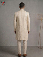Cream Sherwani with Straight Lining Thread Embroidery & Handcrafted Golden-Cream Bead Work