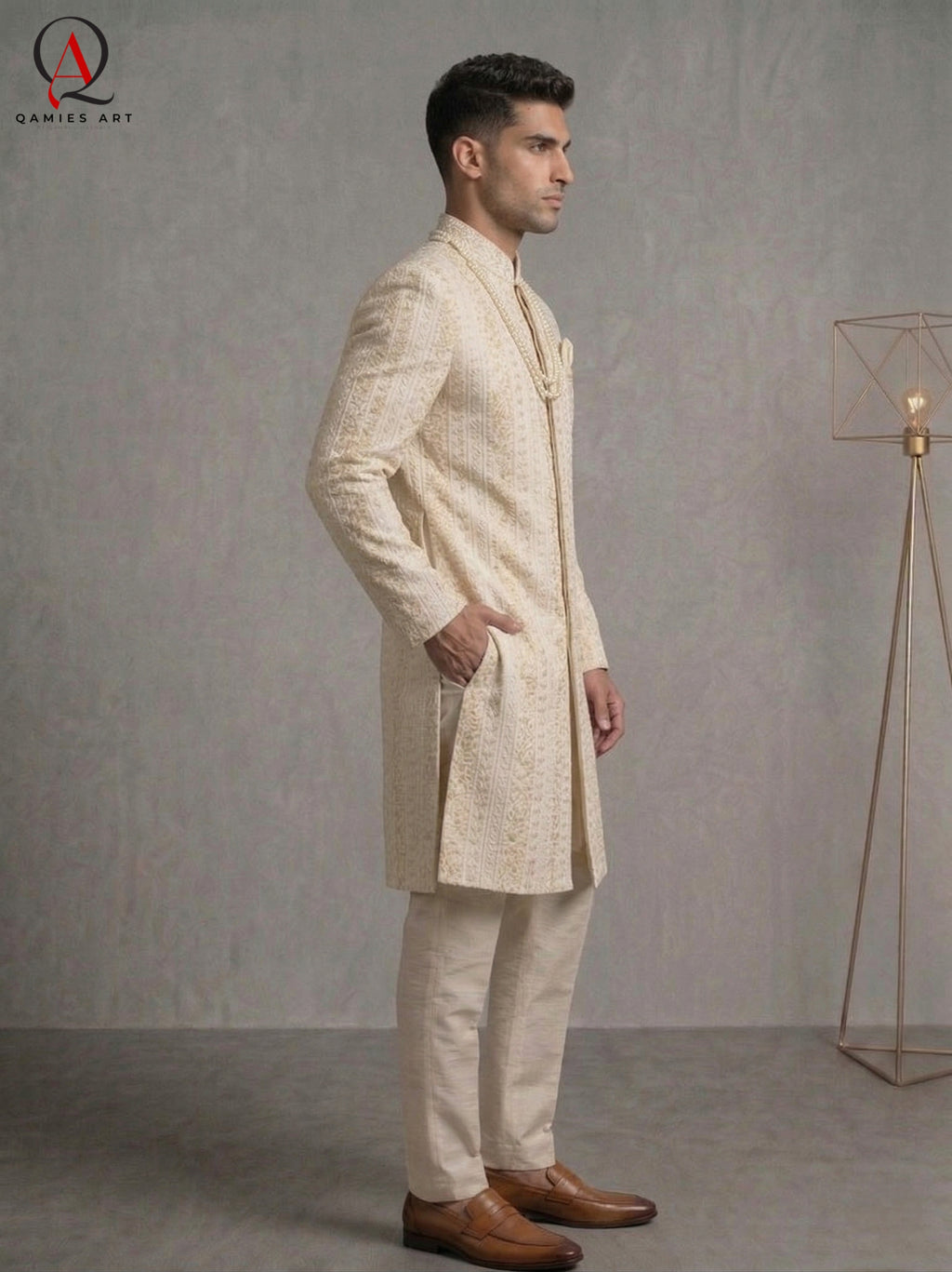 Cream Sherwani with Straight Lining Thread Embroidery & Handcrafted Golden-Cream Bead Work