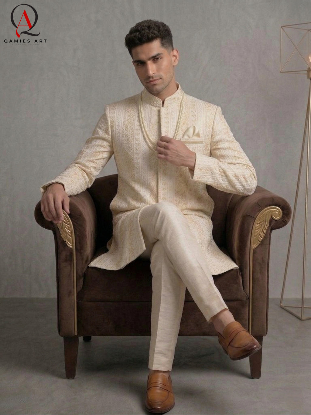 Cream Sherwani with Straight Lining Thread Embroidery & Handcrafted Golden-Cream Bead Work