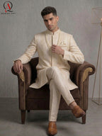 Cream Sherwani with Straight Lining Thread Embroidery & Handcrafted Golden-Cream Bead Work