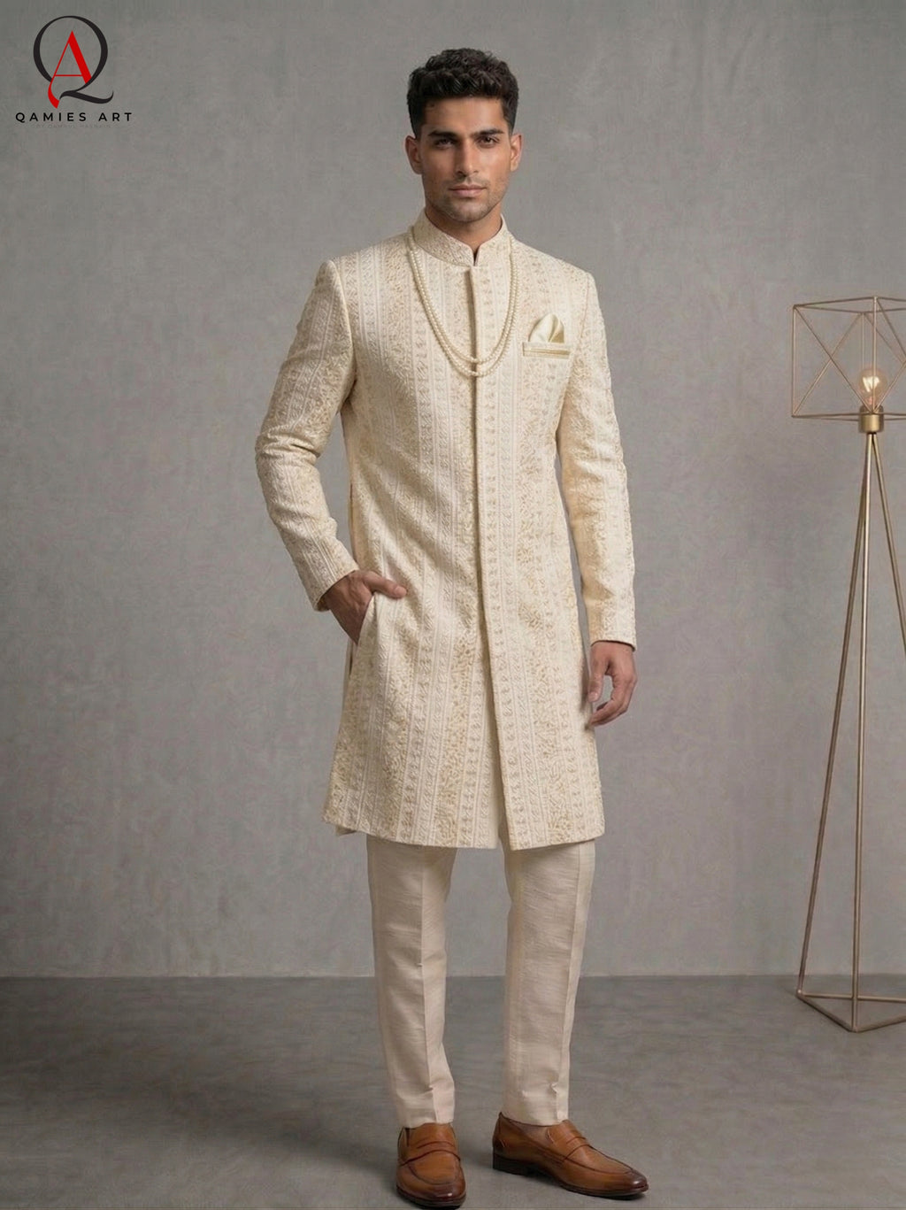 Cream Sherwani with Straight Lining Thread Embroidery & Handcrafted Golden-Cream Bead Work