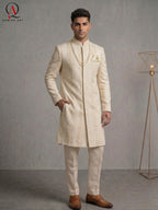 Cream Sherwani with Straight Lining Thread Embroidery & Handcrafted Golden-Cream Bead Work
