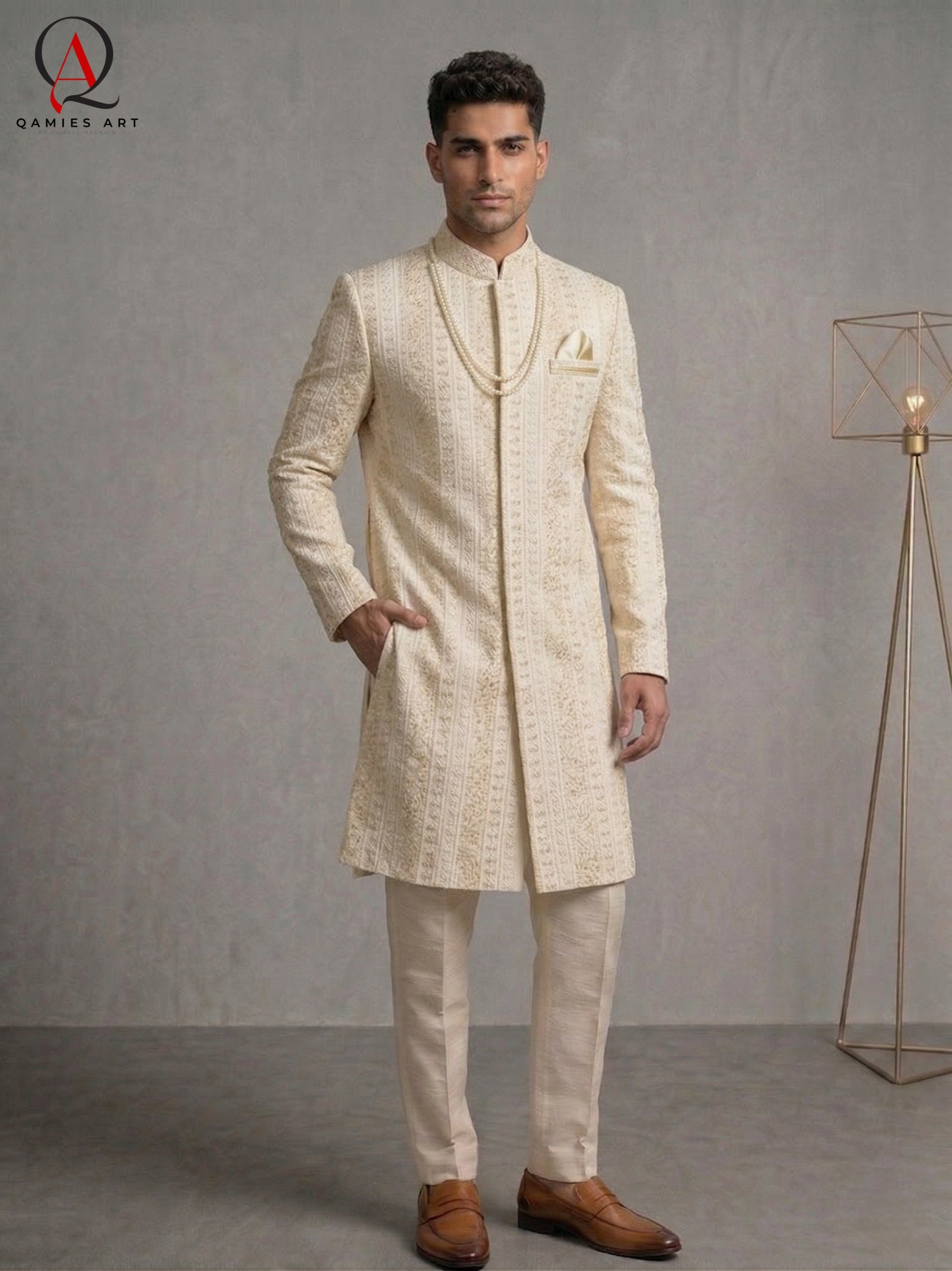 Cream Sherwani with Straight Lining Thread Embroidery & Handcrafted Golden-Cream Bead Work