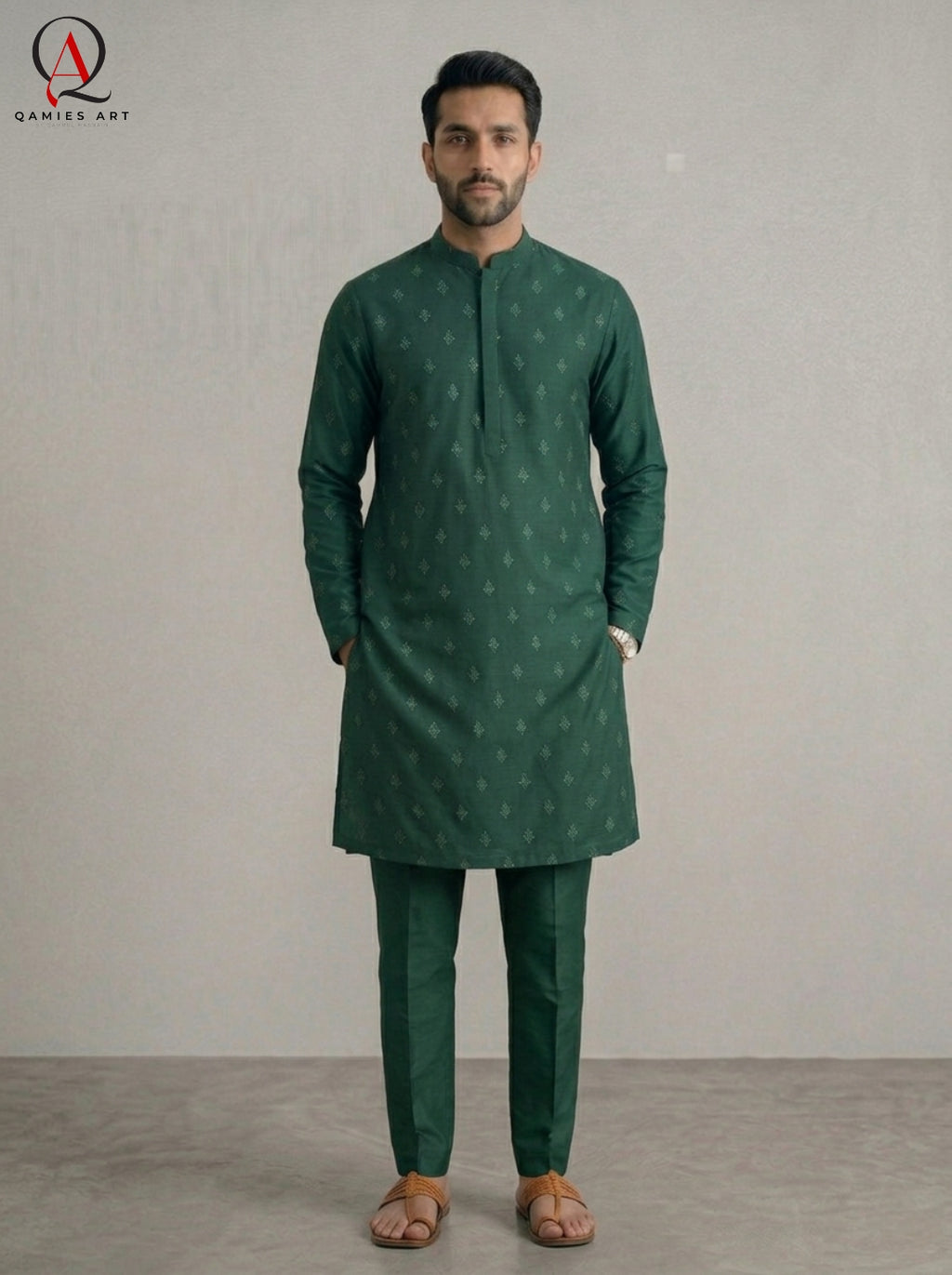 Bottle Green Fancy Embroidered Kurta for Men | All-Over Machine Booti Design Kurta Pajama for Wedding & Festive Wear