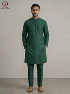 Bottle Green Fancy Embroidered Kurta for Men | All-Over Machine Booti Design Kurta Pajama for Wedding & Festive Wear