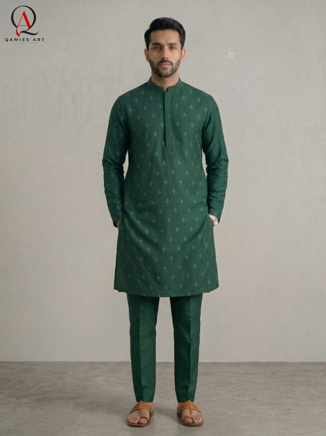 Bottle Green Fancy Embroidered Kurta for Men | All-Over Machine Booti Design Kurta Pajama for Wedding & Festive Wear