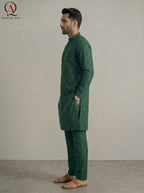 Bottle Green Fancy Embroidered Kurta for Men | All-Over Machine Booti Design Kurta Pajama for Wedding & Festive Wear