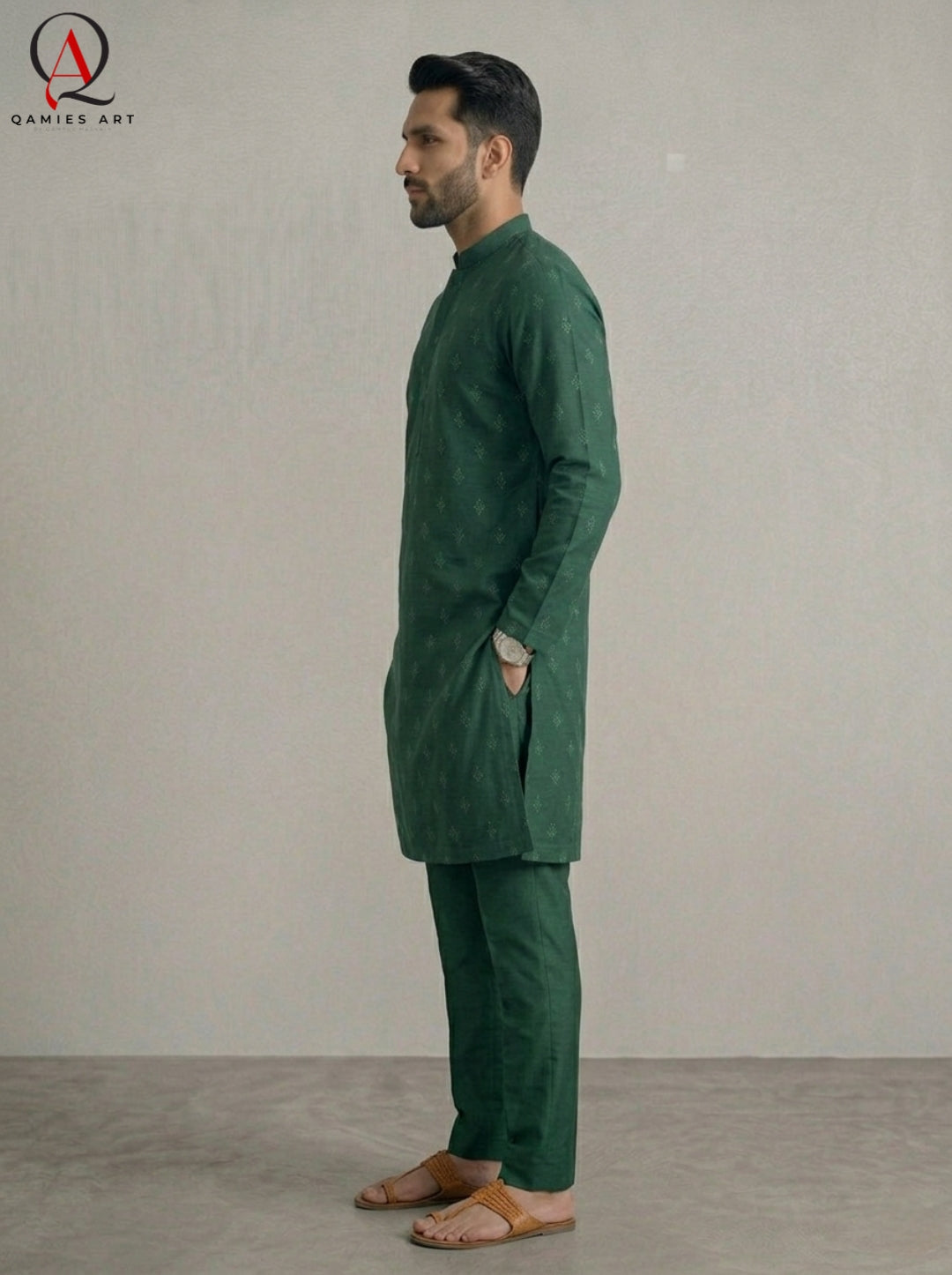 Bottle Green Fancy Embroidered Kurta for Men | All-Over Machine Booti Design Kurta Pajama for Wedding & Festive Wear