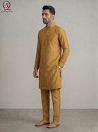 Mustard Fancy Embroidered Kurta for Men | All-Over Machine Booti Design Kurta Pajama for Wedding & Festive Wear