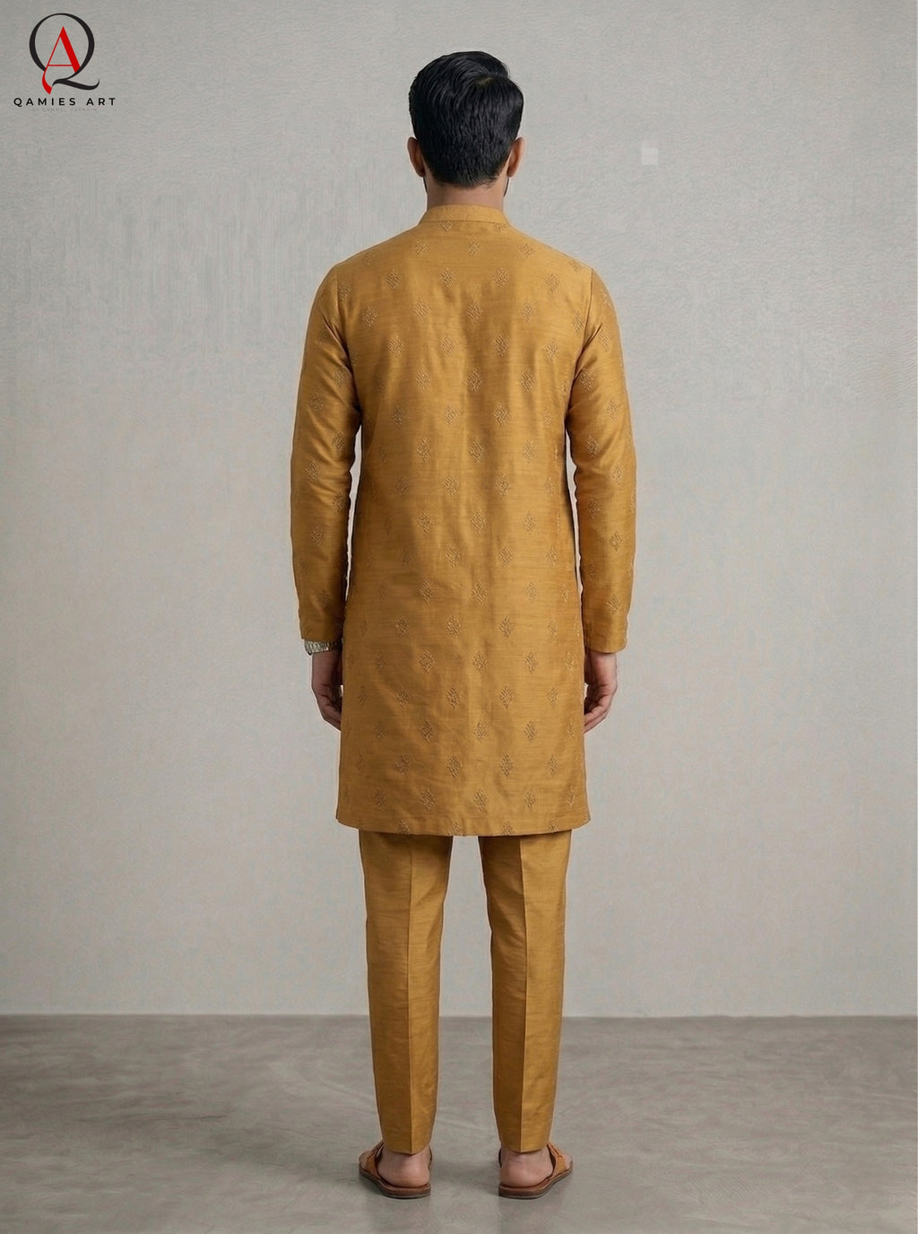 Mustard Fancy Embroidered Kurta for Men | All-Over Machine Booti Design Kurta Pajama for Wedding & Festive Wear